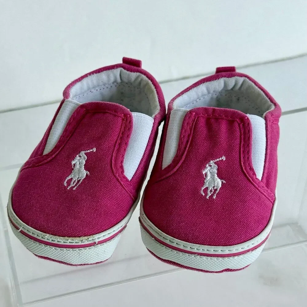 Polo Ralph Lauren Baby Girl Shoes Sz 3 Fuchsia Pink Crib Slip On Fabric Pony